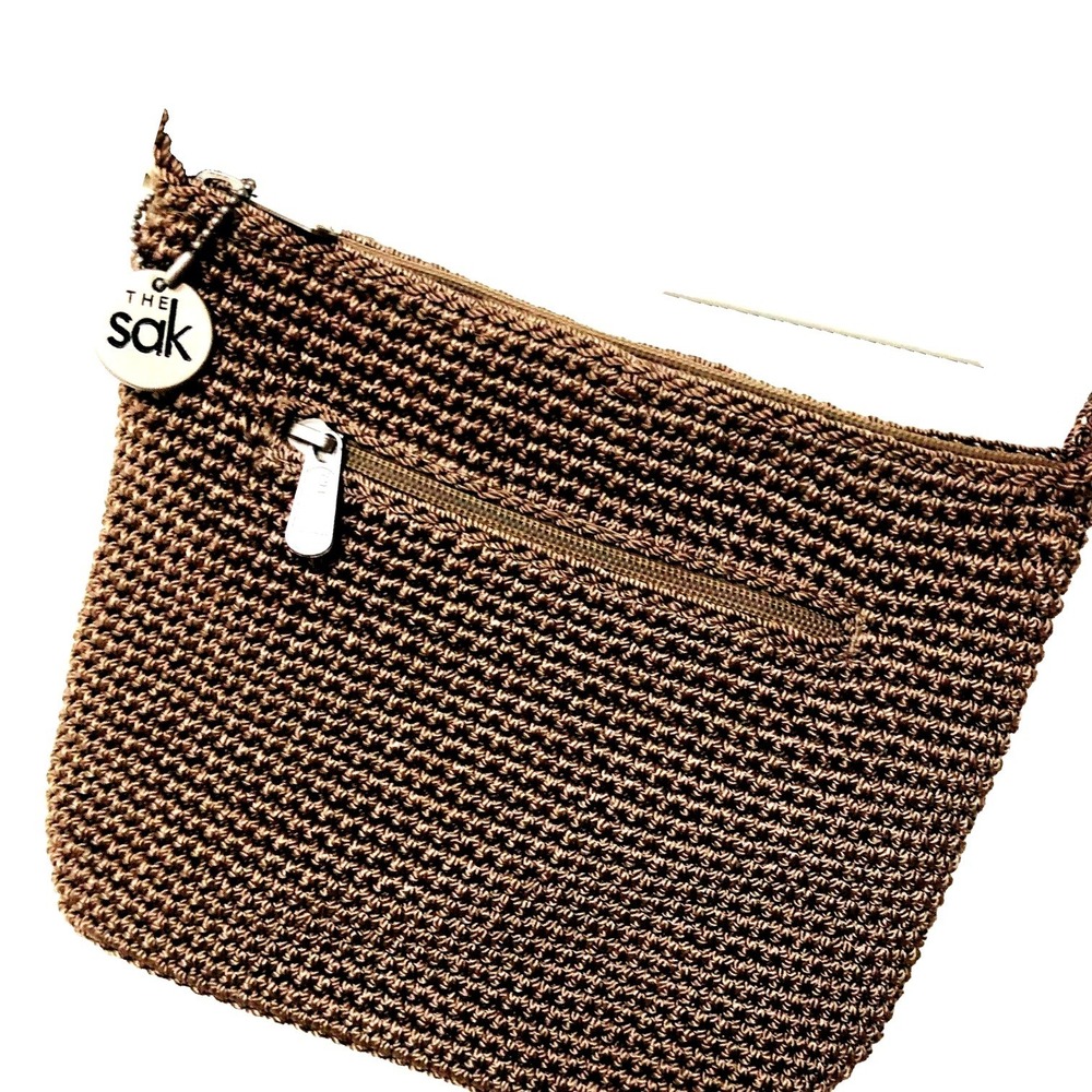 Vintage The Sak Beige Crochet Messenger‎ Bag Brown Logo Zipper Minimalist  Boho
